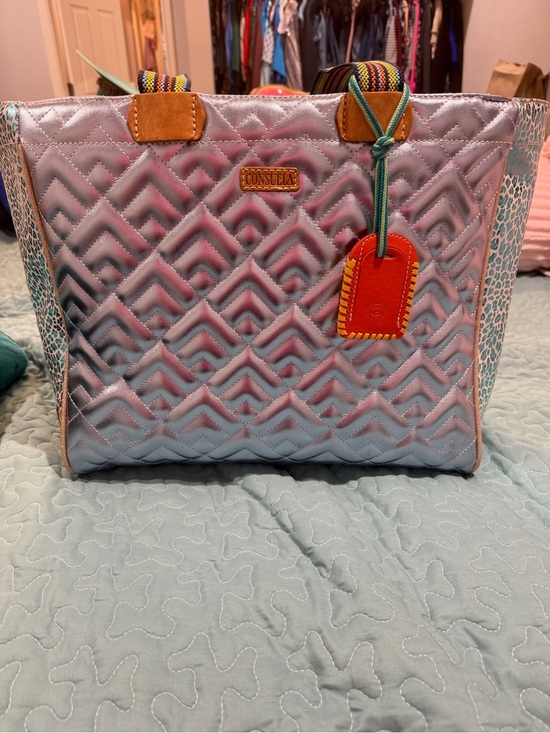 Consuela Handbags - Consuela Quilted Metallic Tote with Multicolor Handles and Red Charm